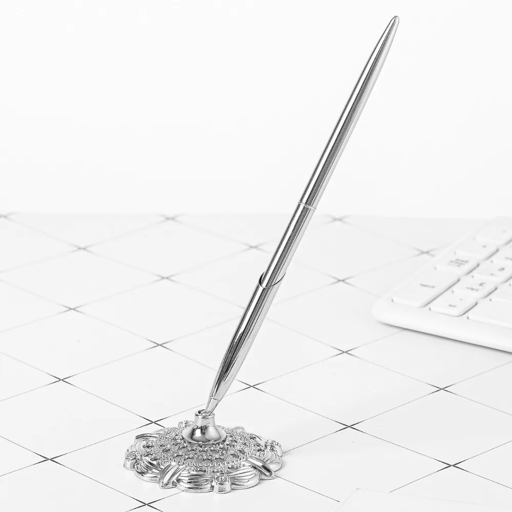 Attached Base Signing Diamond Pen Smooth Writing Wedding Decor Reception Desk Pen Table Decor Gold Silver Metal Pen Stand Holder