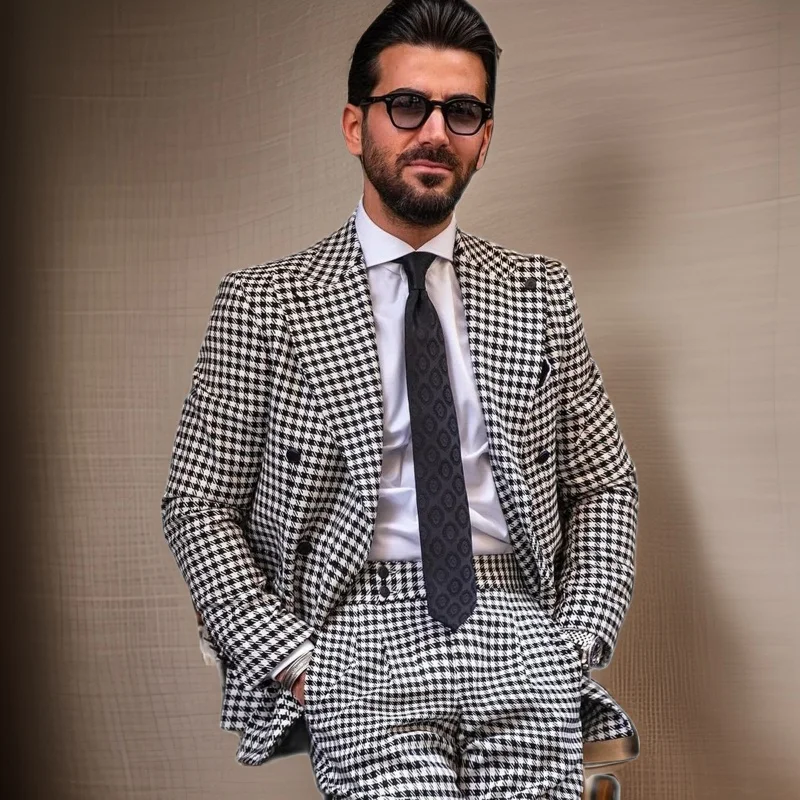 Houndstooth Men Suits for Wedding 2024 Plaid Slim Fit Groom Tuxedo Double Breasted Bridegroom Suit 2 Pcs (Jacket + Pants)