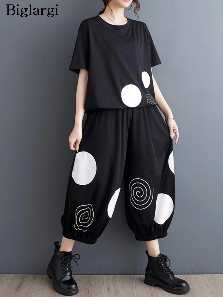 

Oversized Polka Dot Print Summer 2 Two Piece Set Women Casual Short Sleeve Fashion Ladies Blouses Loose Pleated Woman Harem Pant