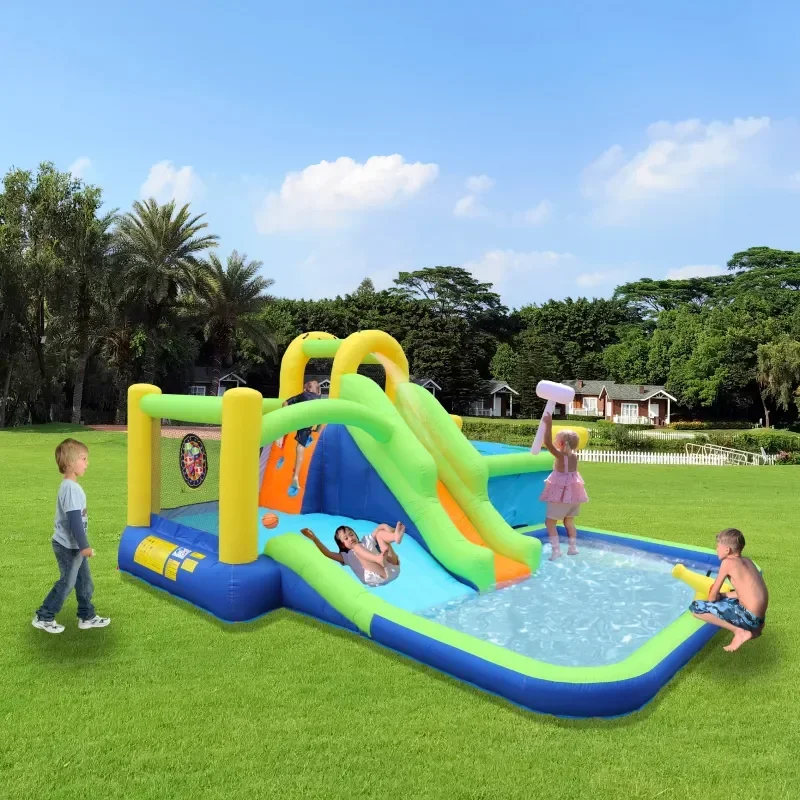 7 in1 Inflatable slide water park trampoline bouncing house yard garden with splash pool&water gun & basketball & climbing wall