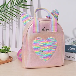 Mochila bordada con corazón para niños pequeños, bolsa de almuerzo con nombre personalizado, bonita mochila preescolar para niños, regalo para niñas