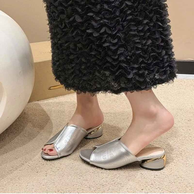 Soft leather comfortable slippers silver thick heels female high-heeled sandals 2024 summer half slippers casual shoes 35-43