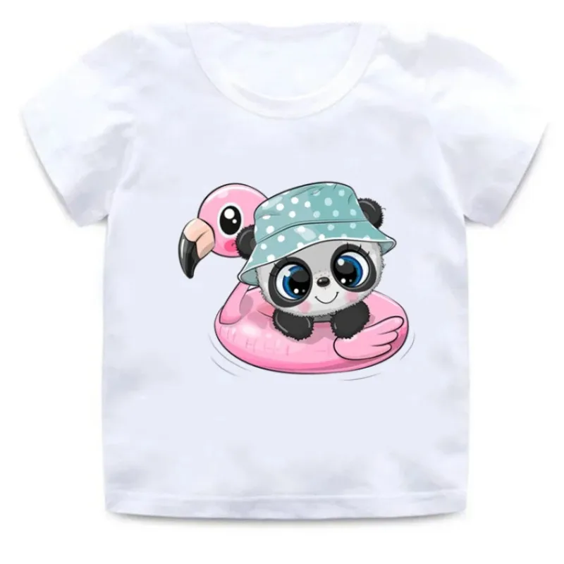 Crianças engraçadas e fofas panda cartoon camiseta gráfica, tops de manga curta, ouvir música, roupas de verão, meninos e meninas