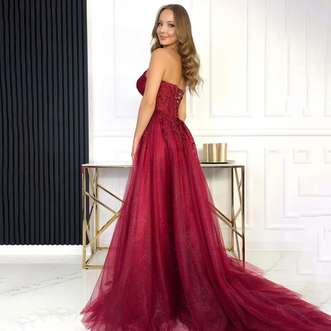 우아한 아플리케 장식 원숄더 프롬 드레스 튤 글리터 하이 슬릿 롱 드레스 생일 파티 공주 드레스 크리스마스 이브닝 드레스