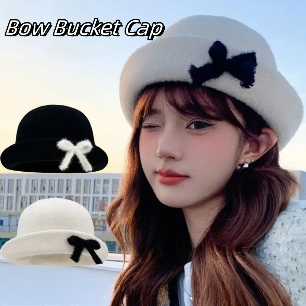 

Elegant Solid Color Bow Bucket Cap Korean Style Knit Woolen Fishing Cap Y2k Roll Brims Women Bucket Hat Girls