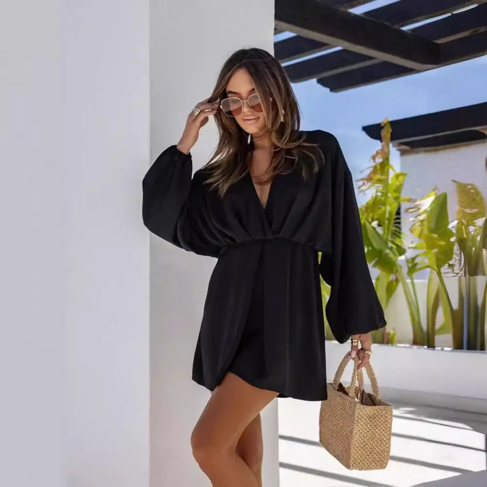 

Summer Fall Women Dress V Neck Slim Waist Long Lantern Sleeve Dress A-line Big Hem Pleated Beach Vacation Short Dress
