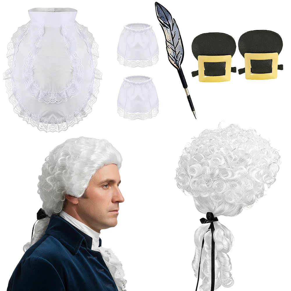 Colonial Costume Founding Father Historical Judge Washington Lawyer Cosplay Accessories Wig Stockings Shoe Buckles Lace Cuffs