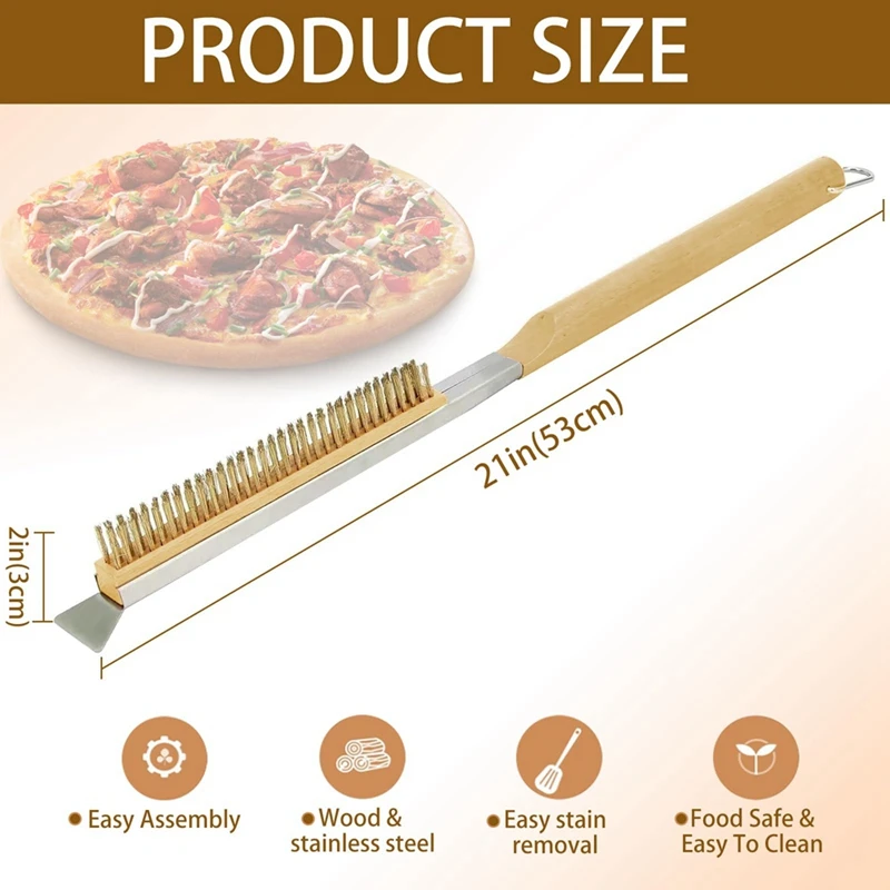 Pizza Oven Brush With Wooden Handle, Long Handle Pizza Brush And Removable Baking Hand Clip Set