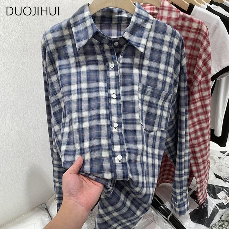 DUOJIHUI-camisa clásica Vintage a cuadros para mujer, camisa básica de manga larga, Simple, de un solo pecho, informal, con bolsillo, a la moda, de verano