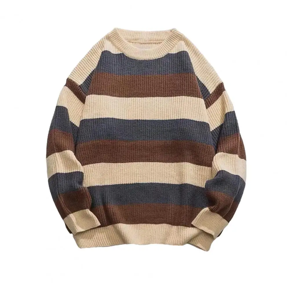 Winter Men Sweater Striped Colorblock Knitted Thick Loose Warm O Neck Long Sleeve Soft Pullover Elastic Streetwear Men Sweater