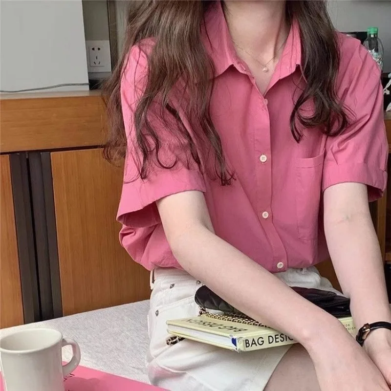 

Women Summer Korean Simplicity Solid Color Polo Collar Short Sleeve Shirts Ladies Fashion Temperament All-match Office Lady Tops