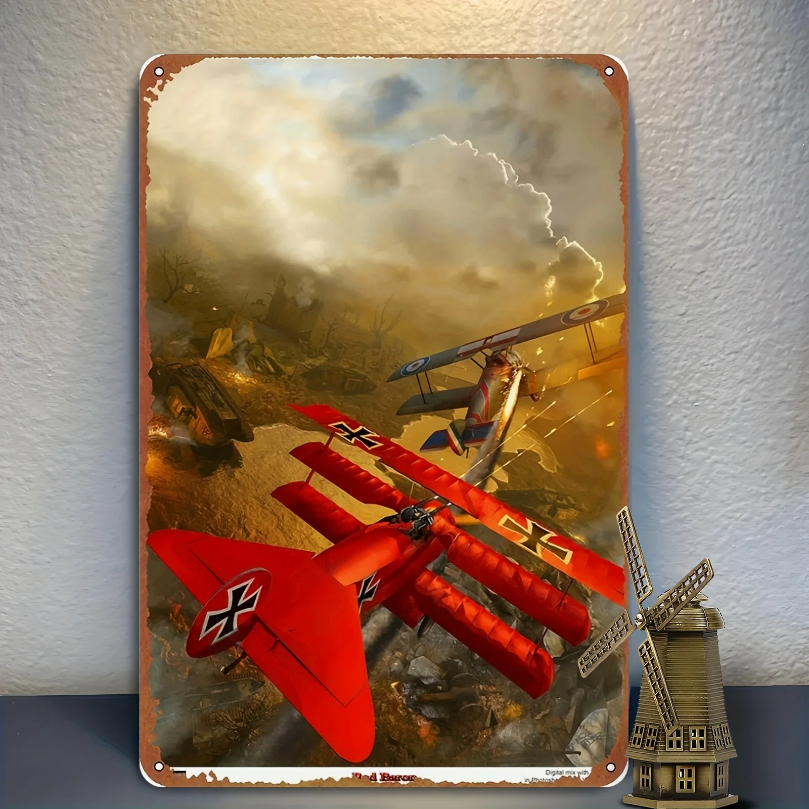 Vintage Red Baron Metal Poster - Retro Tin Sign with German Fighter Plane, Durable Iron Wall Decor Plaque for Home, Garden, Bar