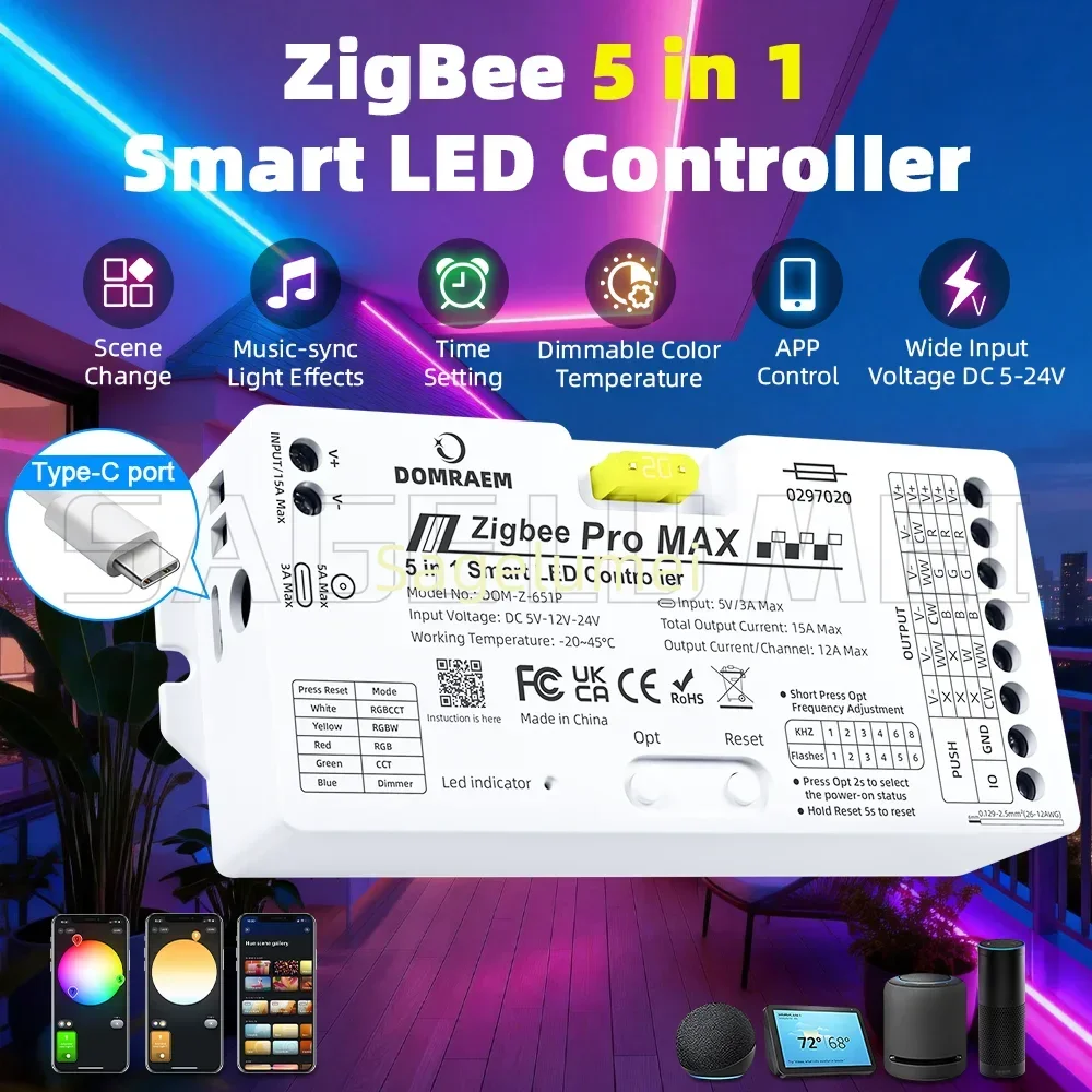 DOMRAEM Zigbee Pro MAX Smart 5‑in‑1 LED Strip Controller Supports CCT RGB RGBW RGBCCT Dimming with External 20A Pluggable Fuse
