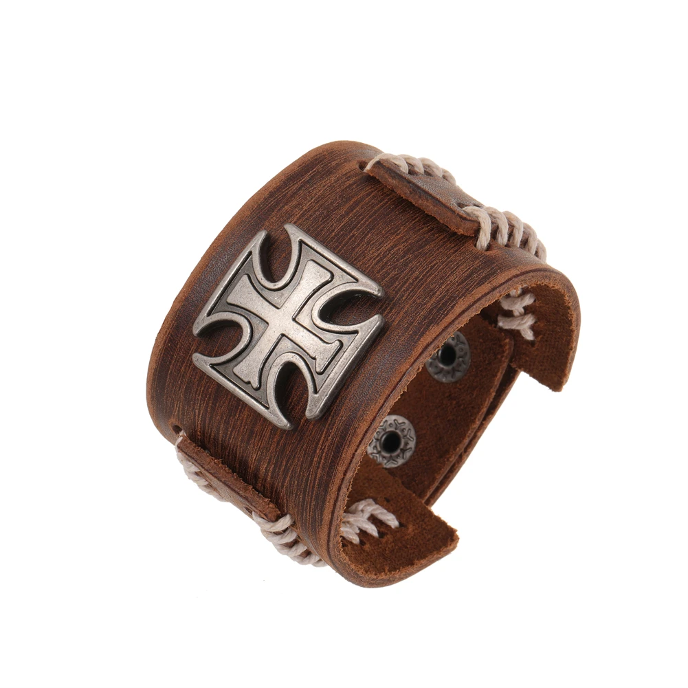 2024 Charm Jewelry Handmade Weave Genuine Leather Bracelet Men Vintage Cuff Wide Leather Cross Bracelet Pulsera Hombre