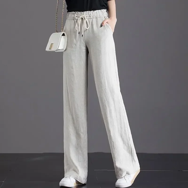 

Women High Street Pockets Patchwork Drawstring Pure Cotton Pants Summer New Solid Color Fashion Elastic Waist Wide Leg Trousers