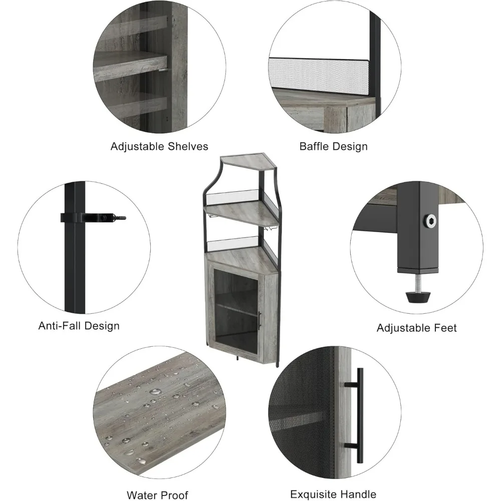 Corner Bar Cabinet, Wine Bar Cabinet with Large Storage Space and Detachable Wine Rack, Wine Cabinets with Glass Holder