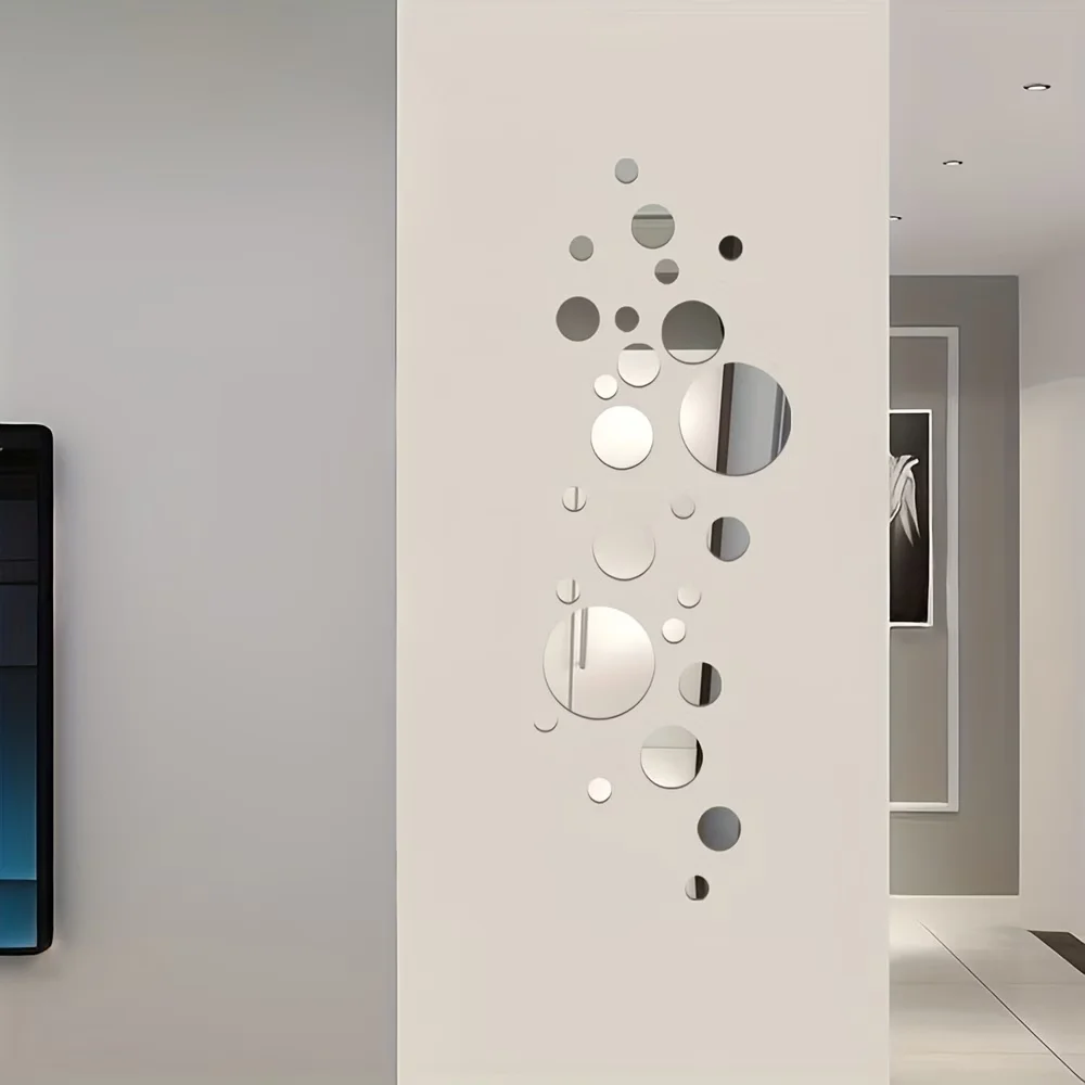 32Pcs Modern 3D Mirror Wall Sticker Circle ,Silver Mirror Decals,DIY room and TV Background Room Sticker Wall Decoration