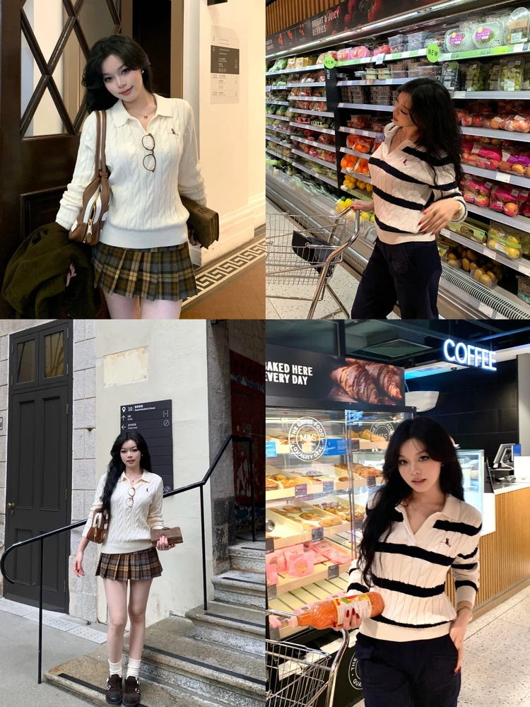 

Винтажный двухцветный хлопковый свитер Slim Fit в университетском стиле, теплый, для повседневной носки, модный, с длинными рукавами, в полоску, трикотажный