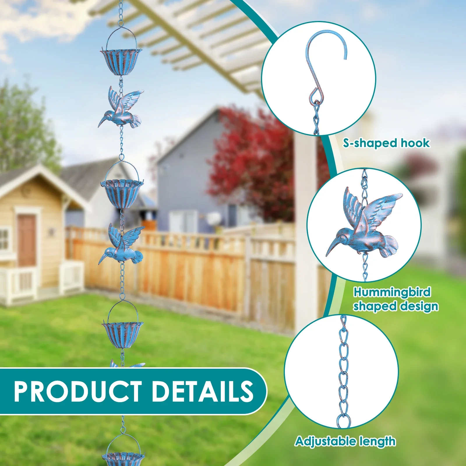 

C5 Metal Drainage Rain Chain Outdoor Garden Decor Hummingbird and Cup Rain Chain Metal Rain Catcher Chain Gutter Roof Decoration