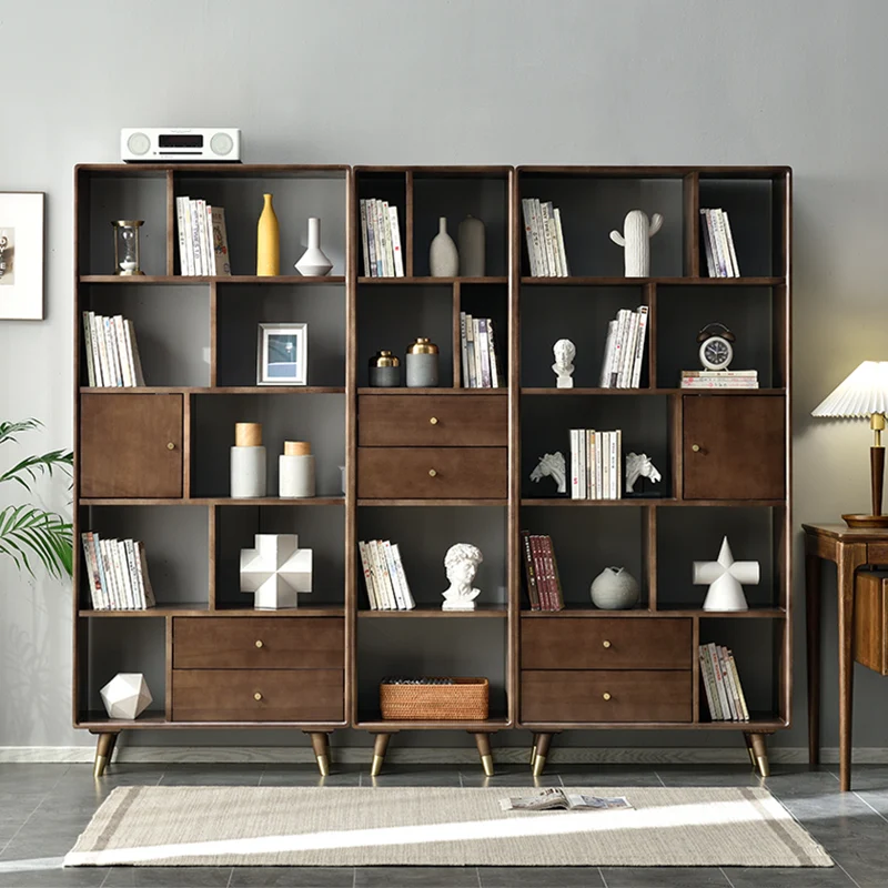 The product can be customized. Solid wood floor to ceiling bookshelf, wall to wall, living room storage rack, walnut colo