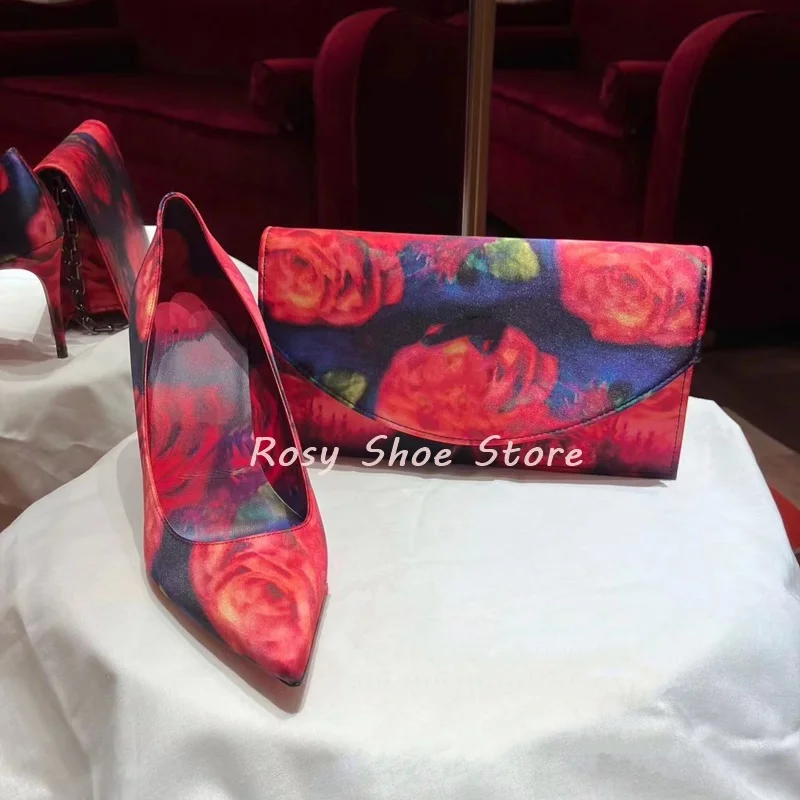 

Женские туфли-лодочки в классическом стиле с острым носком и принтом Flaming Red Rose, сексуальные туфли-лодочки без шнуровки на шпильке, одинаковые цвета, комплект сумок для обуви