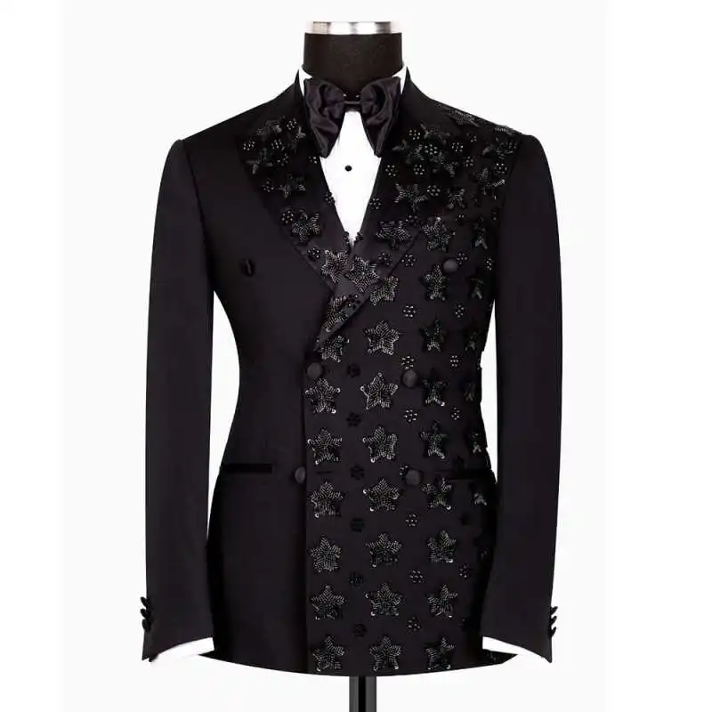 Luxuriöser Hochzeits-Bräutigam-Smoking mit spitzem Revers, zweireihig, schmale Passform, Blazer mit Perlen, für besondere Anlässe, Party, individuell