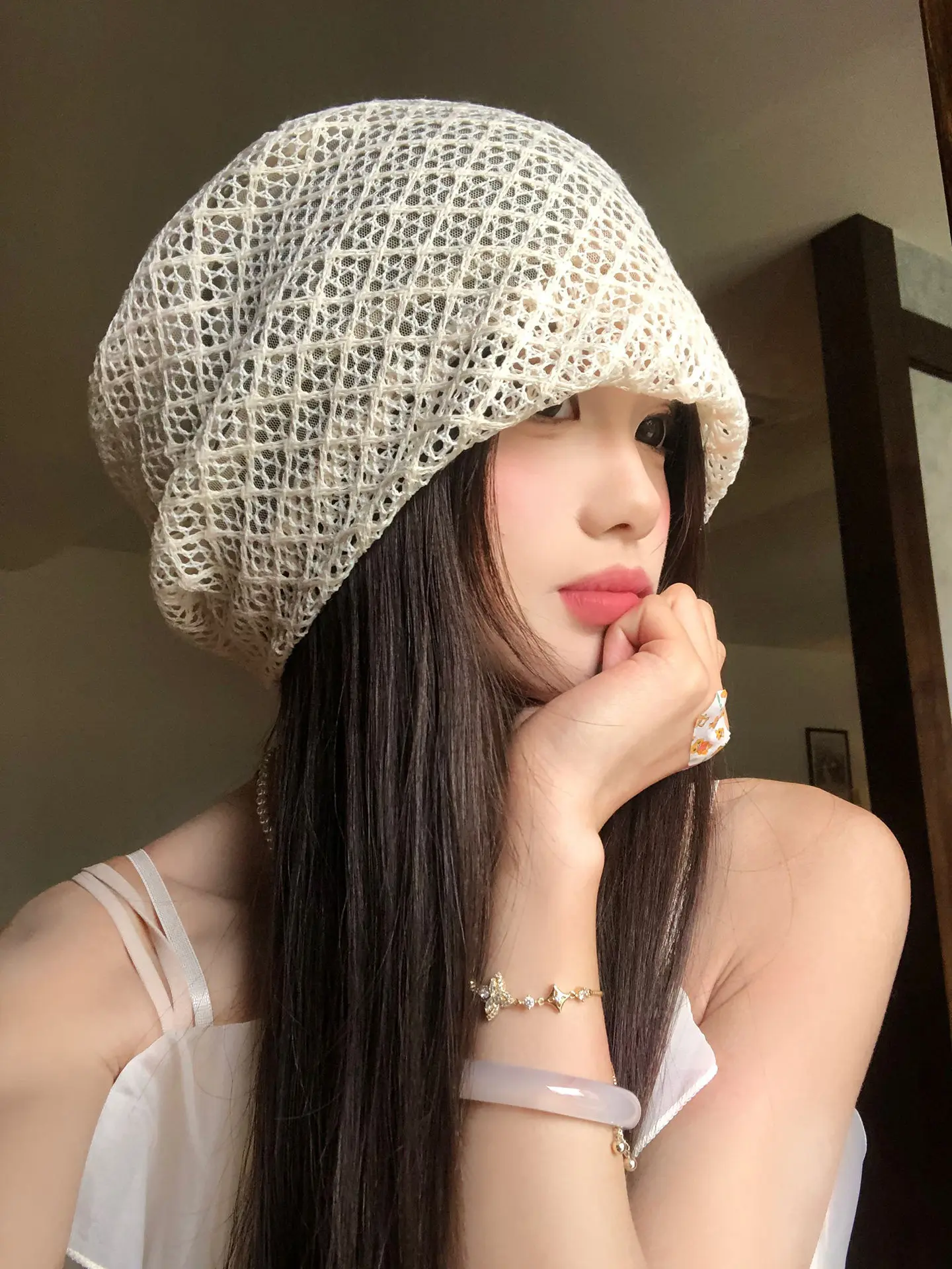 Japanese hollow bald hat women's spring and summer thin high-end piling hat showing small face, big head circumference, cold hat