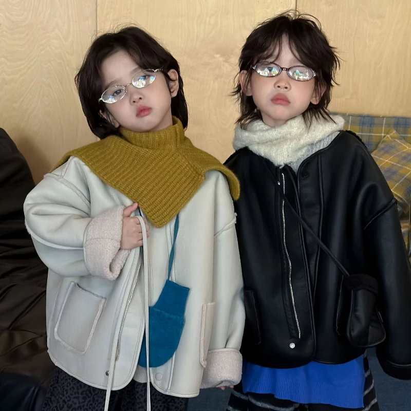 

2025 Winter Hot selling Thick Children's Personalized Handsome Solid Color Zipper Thick Leather Jacket