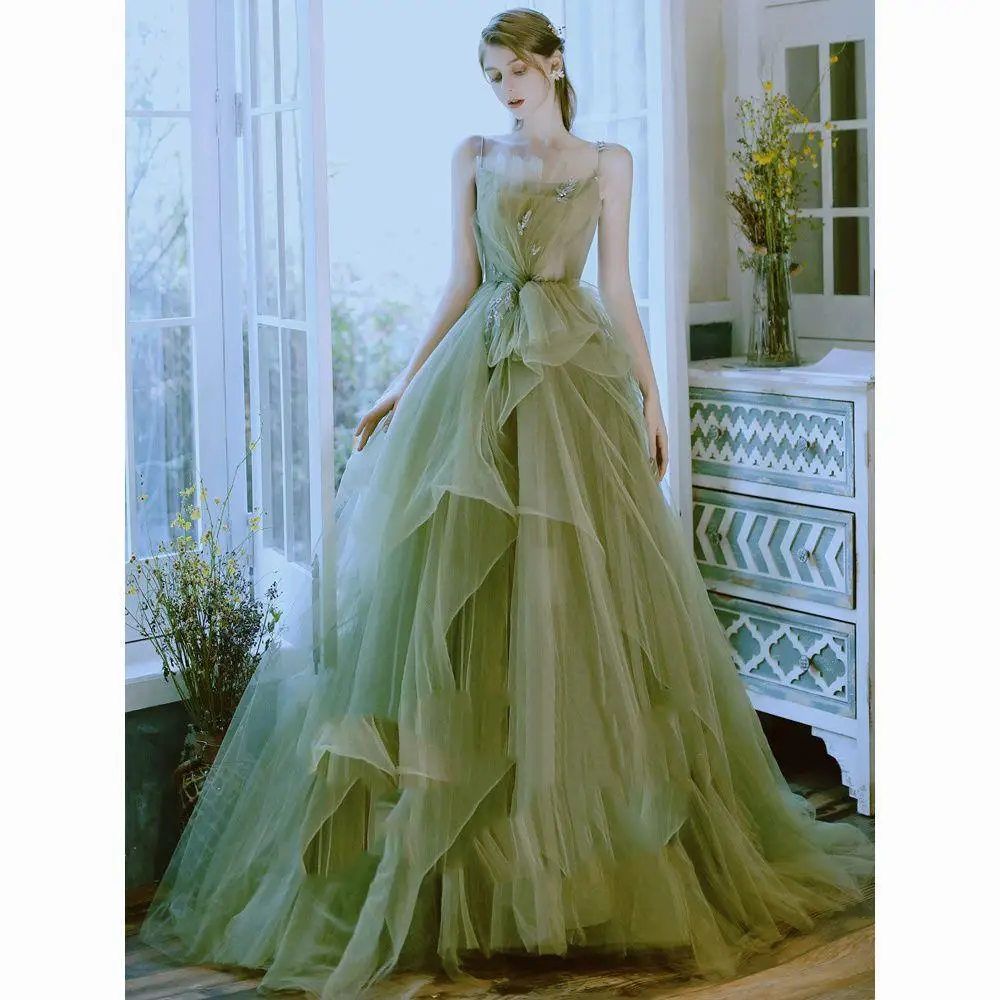 

Fashion Olover Green Prom Birthday Dress 2026 Strapls Pleats Tulle Ruffle A-line Evening Formal Party Gowns Vestidos De Feast