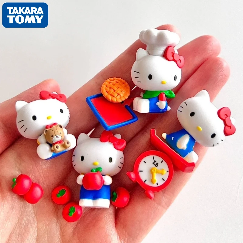 TOMY New Sanrio Hello Kitty Capsule Toys Hug Little Bear Red Apple Cook Alarm Clock Series Desktop Ornament Birthday Present Bow
