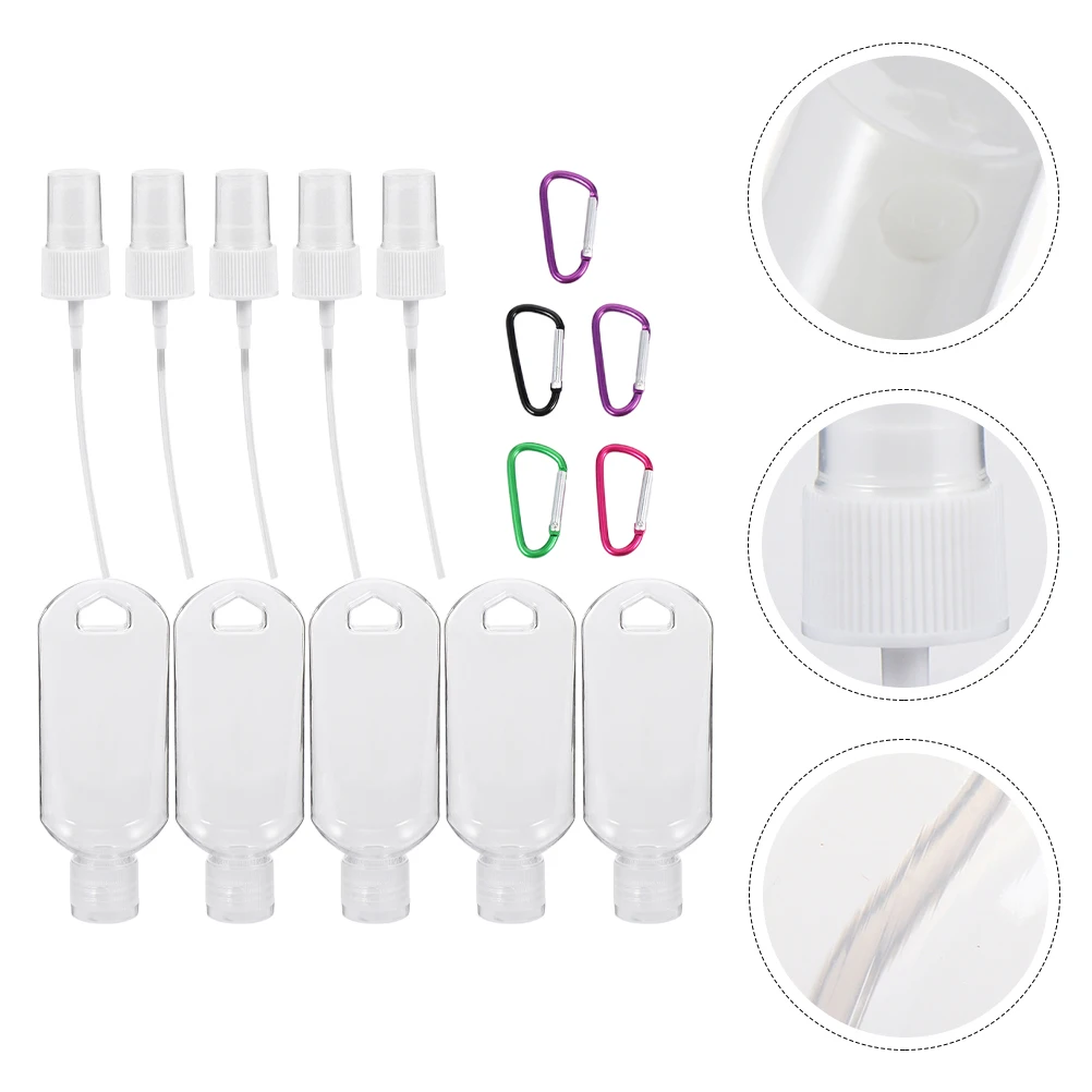 Juego de 5 botellas de viaje recargables de 60Ml con gancho, cabezales de compresión de pulverización desmontables a prueba de fugas para cosméticos de manos, baño corporal, 5 juegos