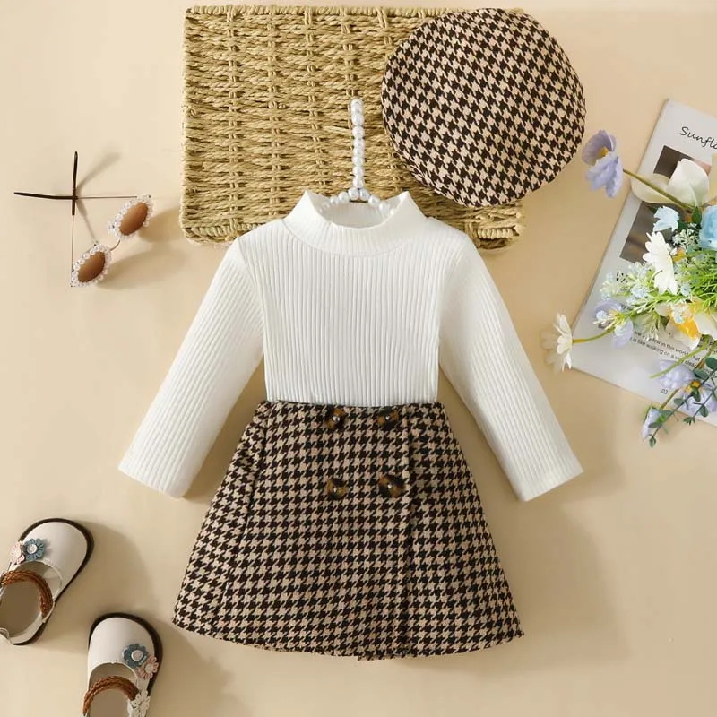 3Pcs Outfits Toddler Baby Girl Clothes Turtleneck Long Sleeve Tee Tops Plaid Skirt with Hat Sets Infant 6 Months To 3 Years