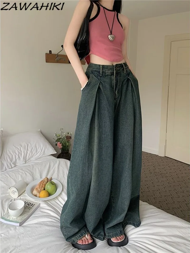 

ZAWAHIKI Baggy Pants Pleated Summer Vintage New Arrive High Waist Loose Sweet Y2K Aesthetic Korean Fashion Jeans Streetwear