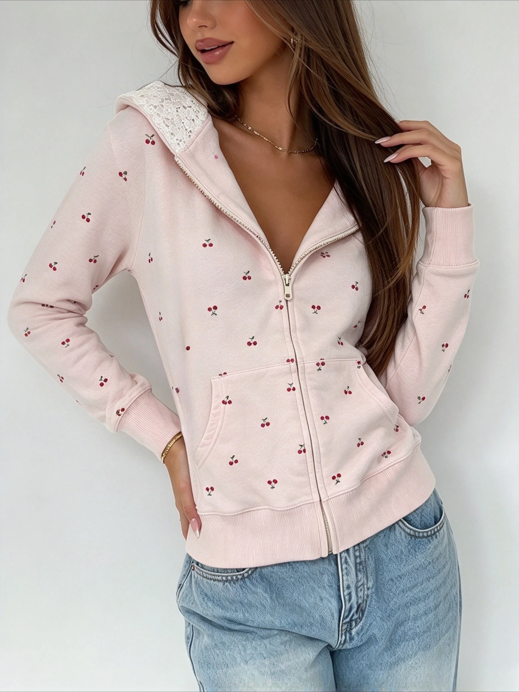 Early Autumn Teen Aesthetic Hooded Cardigan Light Pink Allover Cherry Print Lace Trim Hood Edge Slim Zip Top