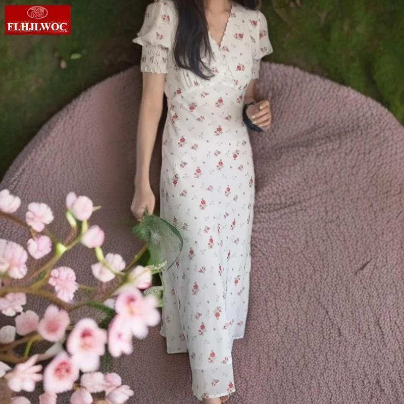 Korea szykowna sukienka 2025 letnie wakacje data dziewczyny V Neck drapowane słodkie romantyczne kwiatowe drukowane damskie długie sukienki Vestidos