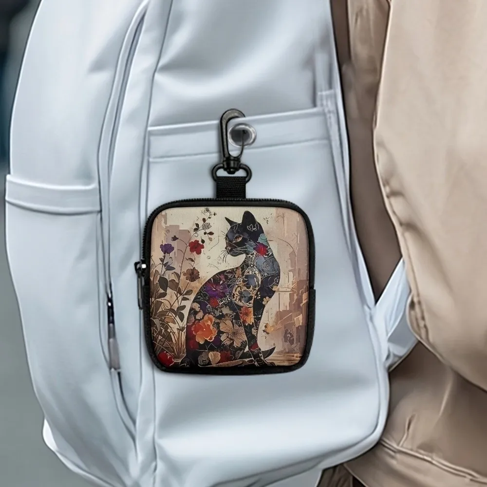 

Durable Mini Coin Purse Cat Print Artificial Leather Wallet Waterproof Portable Earphone Bag Friends Gift