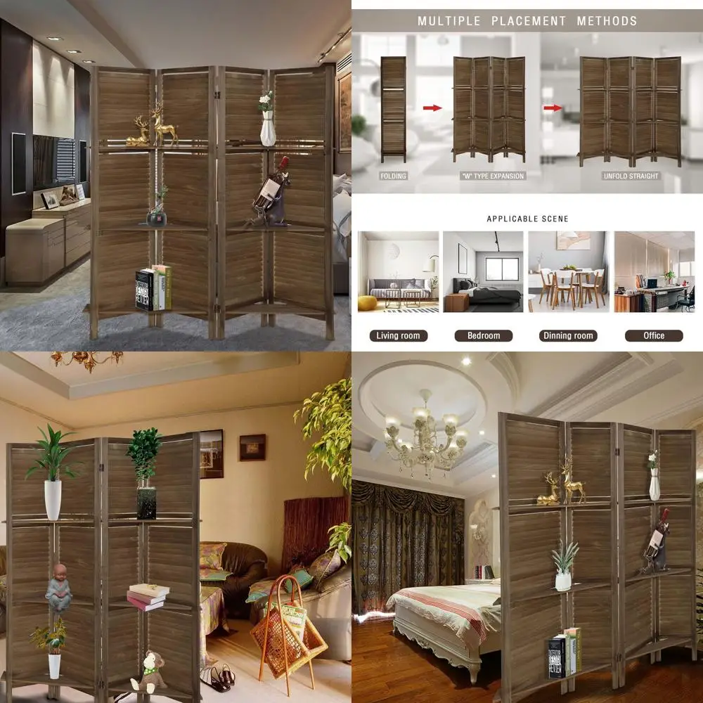 

4-Panel Wooden Room Divider with Shelves, Brown Privacy Screen for Space Separation