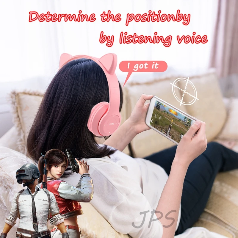 Auriculares inalámbricos con orejas de gato y micrófono para niños, cascos de graves estéreo con luz brillante de diente azul, auriculares para juegos de PC y teléfono, regalos para niñas