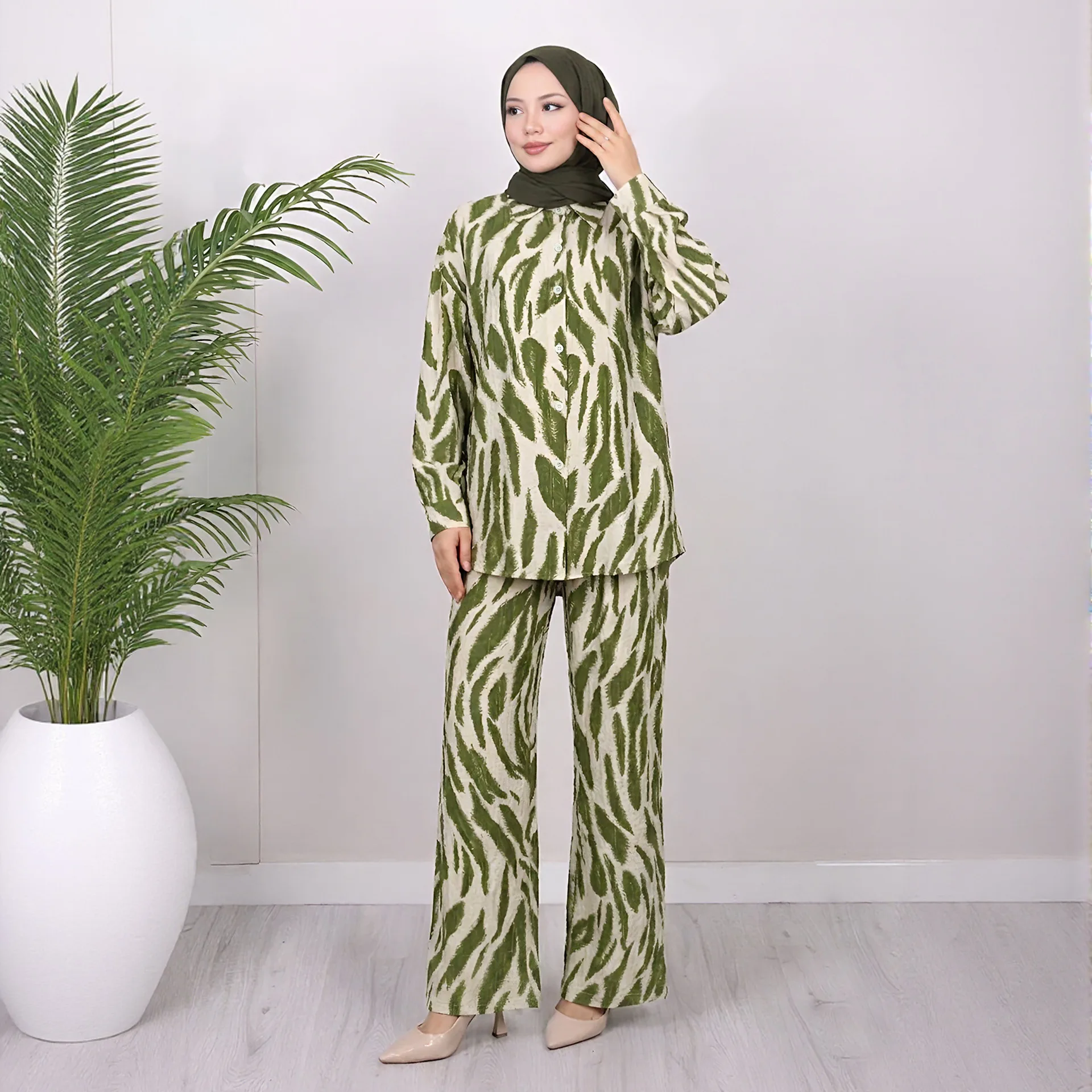 Eid Women Pants Suit Muslim Print Shirt Straight Trousers 2 Piece Set Single Breasted Top Ensemble Morocco Dubai Casual Outfits