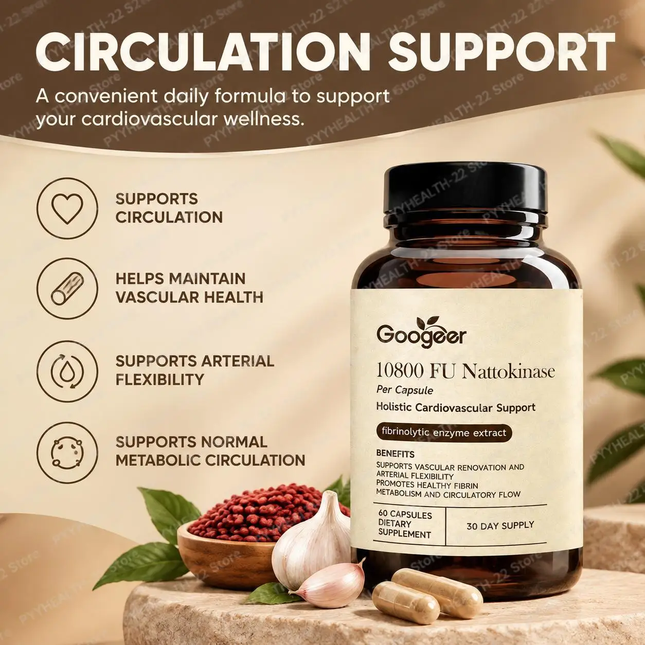 Supports Cardiovascular Wellness & Circulation Flow Nattokinase Capsules with Red Yeast Rice,CoQ10 & Garlic Extract,60 Capsules