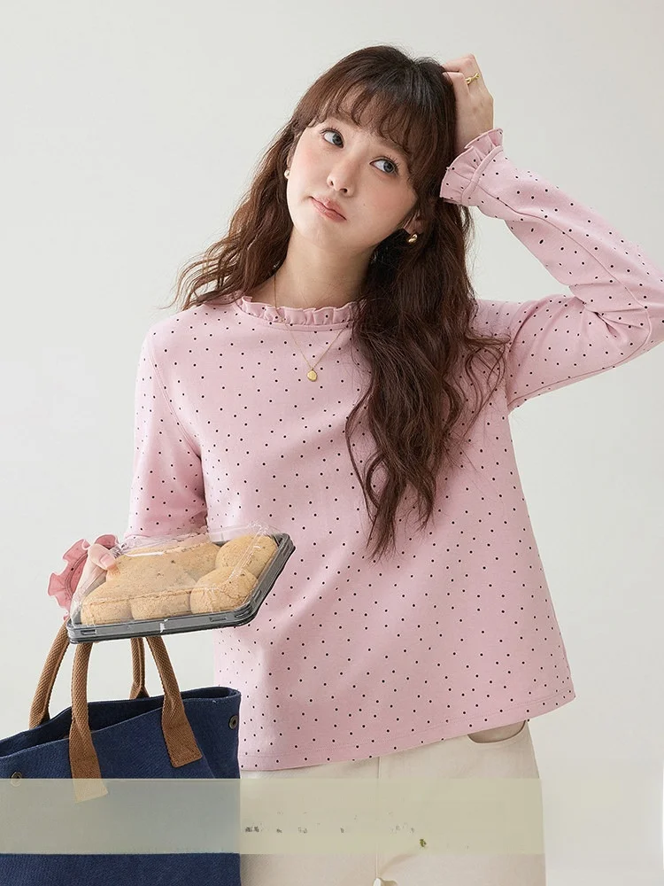 

Женская свободная футболка AMUU с длинным рукавом, в горошек, с рюшами, розовая, весенняя новинка, в корейском стиле, для повседневной носки