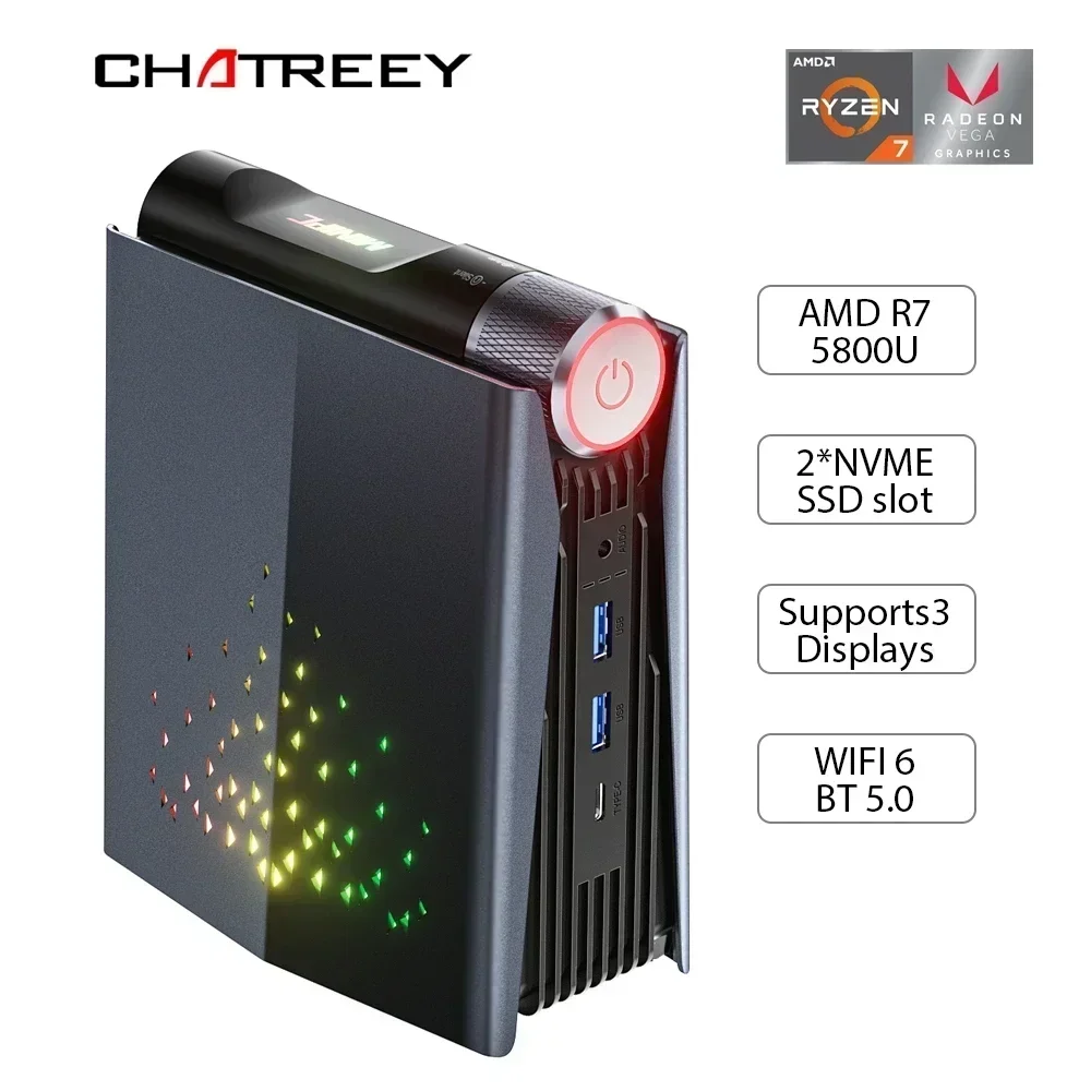 

Мини-ПК Chatreey AMR5 AMD Ryzen 7 5700U/5800U Radeon RX Vega 8, игровой настольный компьютер с цветной подсветкой и Wi-Fi 6 BT 5.0