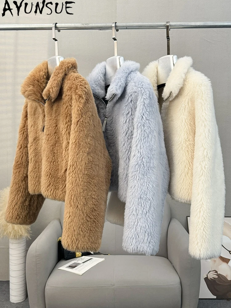 سترة نسائية من الصوف الطبيعي 100% من AYUNSUE بياقة واقفة وسترة من فراء الضأن ملابس نسائية عالية الجودة جديدة في ملابس خارجية كوكفاتا ميخيم