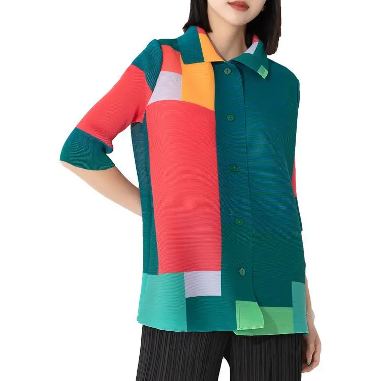 Miyake Casual Fashion Loose Plus Size Shirt Color Matching Printing Lapel Single-breasted Three-quarter-sleeve Cardigan Top