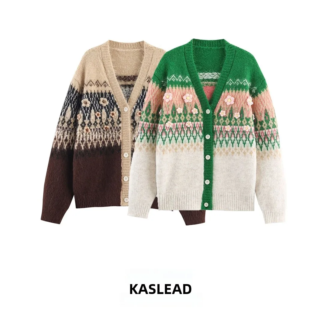 

KASLEAD новый женский вязаный свитер с v-образным вырезом, пальто ручной работы с цветочной вышивкой, длинный свек, повседневный открытый кардиган из полиэфирного волокна