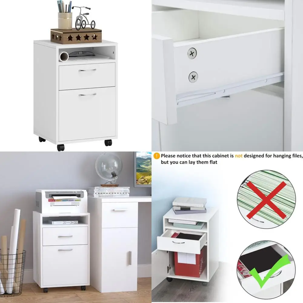 

White Mobile Storage Cabinet with Drawers and Cabinet, Printer Stand on Casters
