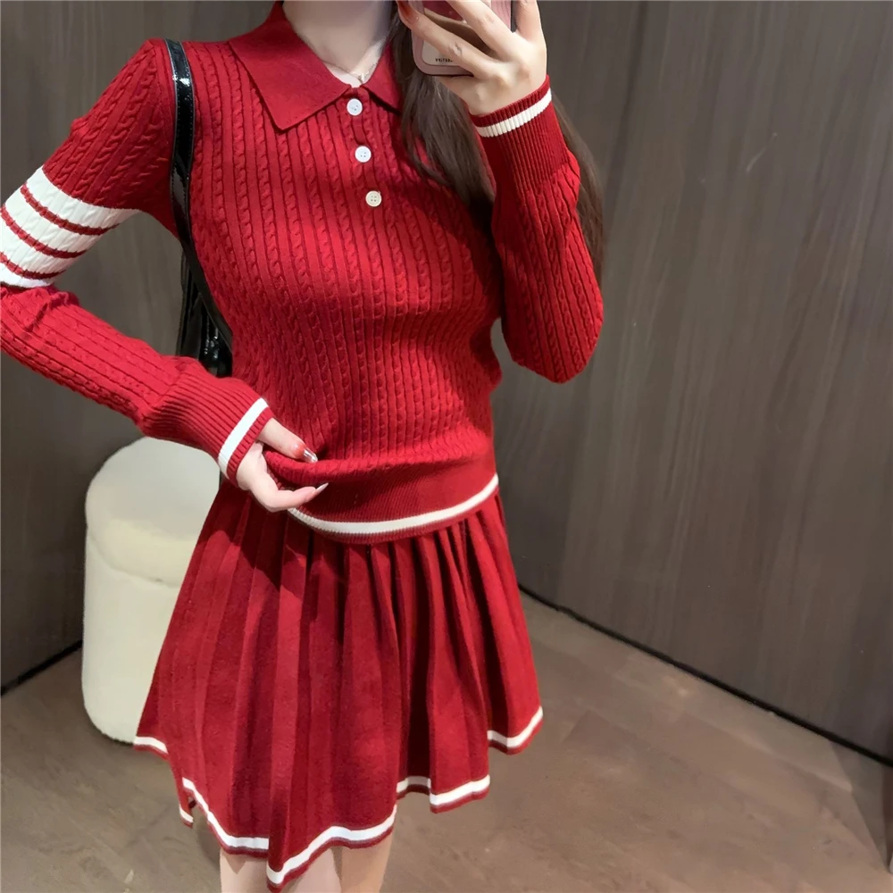Zestaw dla kobiet: elegancki sweter z dzianiny z wzorem w warkocze i spódnica w stylu poodle, idealny na wiosnę, modny, w stylu college, spódnica do kostek.
