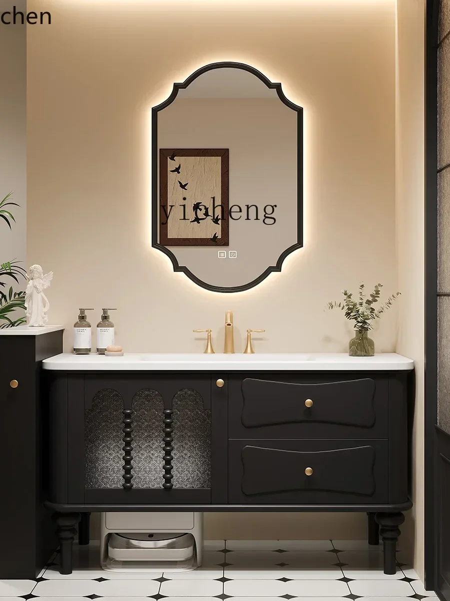 y9-  floor-to-ceiling DuPont Corian integrated basin retro rubber wood bathroom cabinet combination washbasin
