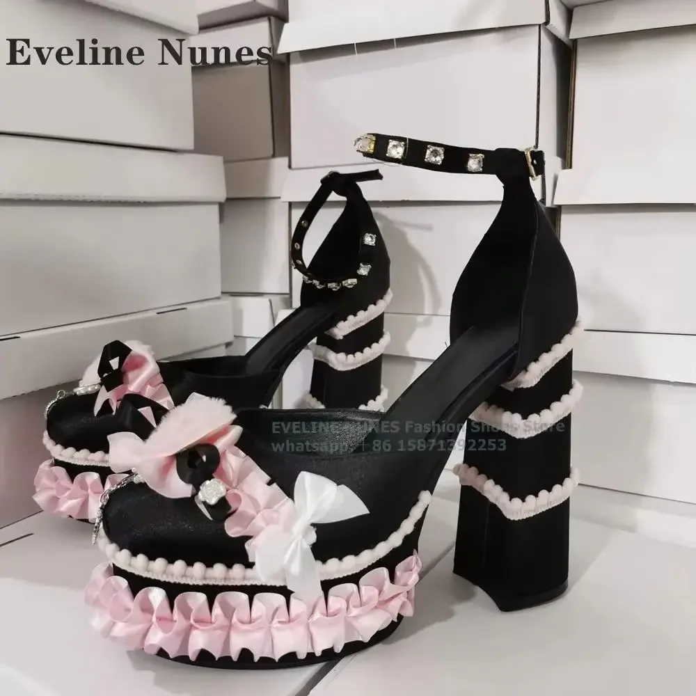 Platform Rhinestone Buckle Strap Lolita Pumps Round Toe Height Increasing Shallow Flower Ruffles Women Mary Janes 2024 Newest