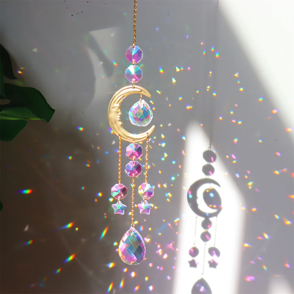 Crystal Wind Chime Star Moon Sun Light Catcher Prism Rainbow Maker Suncatcher Windbell Hanging Pendant Ornament Home Decoration